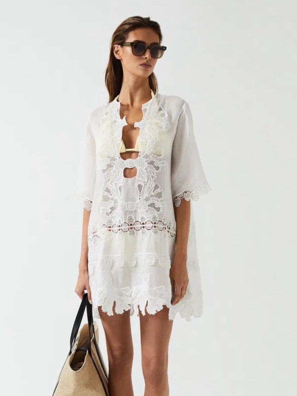 REISS Etta Eyelet Embroidered Tunic Top Size: 10